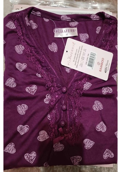 Kadın Dantel Yaka Bambu Uzun Kol Pijama Takımı 5206 - 1 Adet