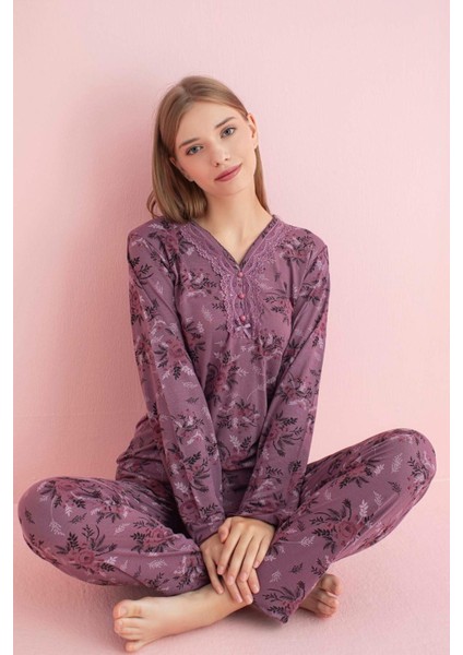 Kadın Dantel Yaka Bambu Uzun Kol Pijama Takımı 5205 - 1 Adet