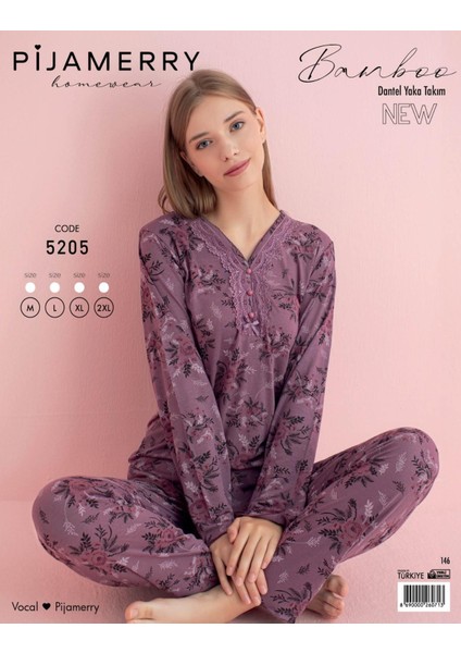 Kadın Dantel Yaka Bambu Uzun Kol Pijama Takımı 5205 - 1 Adet fiyatları