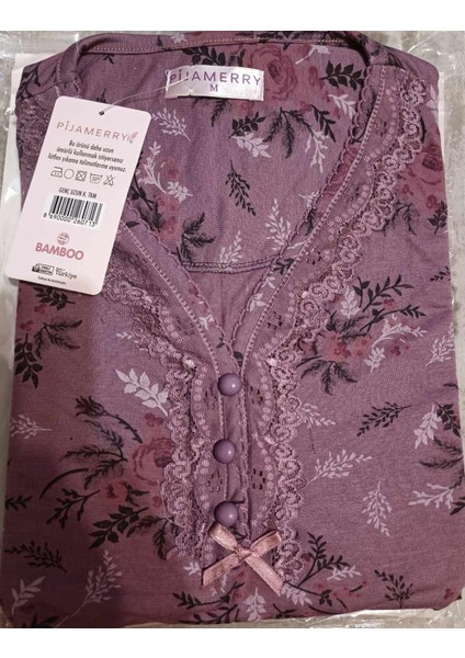 Kadın Dantel Yaka Bambu Uzun Kol Pijama Takımı 5205 - 1 Adet modelleri