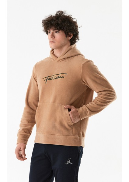Yazı Nakışlı Kanguru Cepli Kapüşonlu Polar Sweatshirt