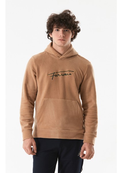 Yazı Nakışlı Kanguru Cepli Kapüşonlu Polar Sweatshirt