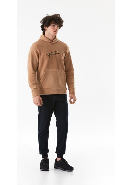Yazı Nakışlı Kanguru Cepli Kapüşonlu Polar Sweatshirt