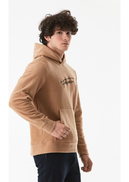 Yazı Nakışlı Kanguru Cepli Kapüşonlu Polar Sweatshirt