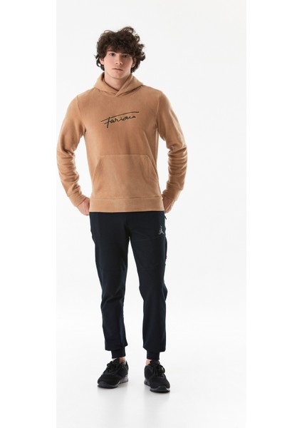 Yazı Nakışlı Kanguru Cepli Kapüşonlu Polar Sweatshirt