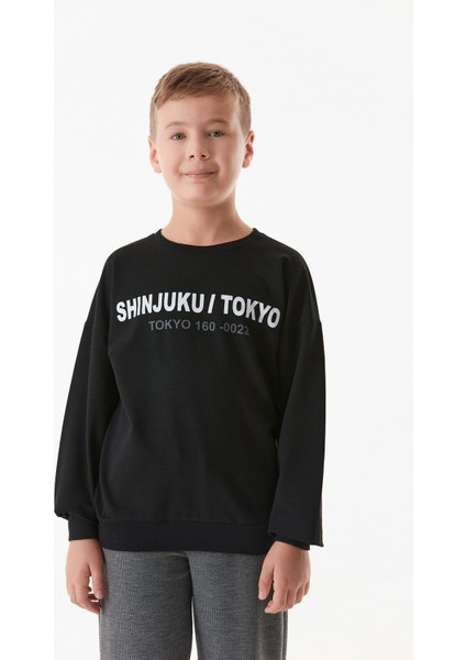 Yazı Baskılı Bisiklet Yaka Erkek Çocuk Sweatshirt