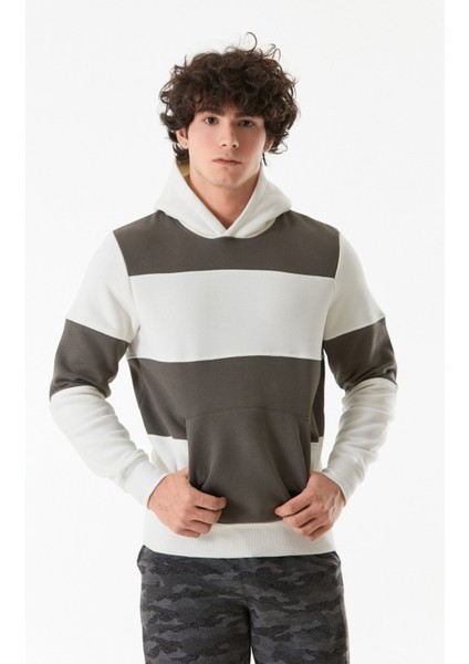 Renk Bloklu Kanguru Cepli Kapüşonlu Sweatshirt