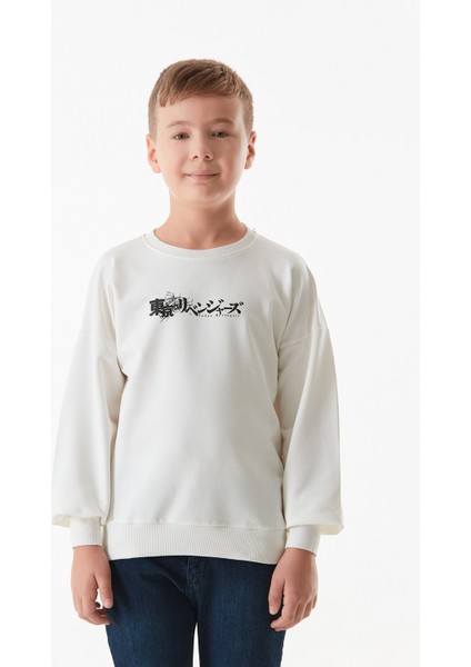 Önü ve Arkası Baskılı Bisiklet Yaka Erkek Çocuk Sweatshirt