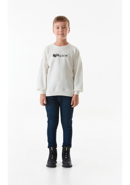 Önü ve Arkası Baskılı Bisiklet Yaka Erkek Çocuk Sweatshirt