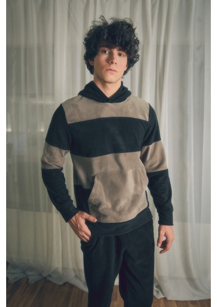 Renk Bloklu Kapüşonlu Kanguru Cepli Polar Sweatshirt