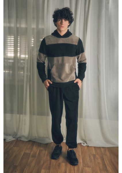 Renk Bloklu Kapüşonlu Kanguru Cepli Polar Sweatshirt