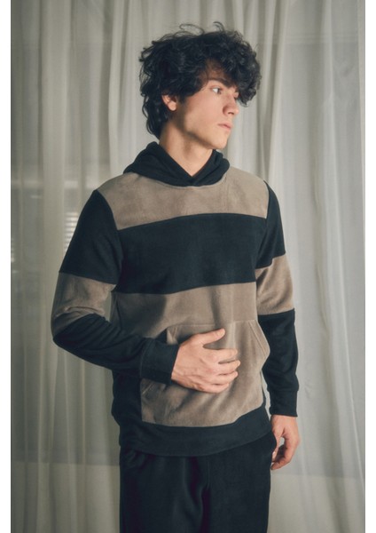 Renk Bloklu Kapüşonlu Kanguru Cepli Polar Sweatshirt