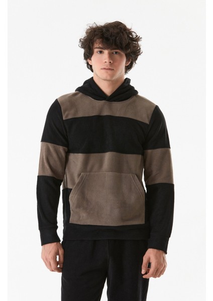 Renk Bloklu Kapüşonlu Kanguru Cepli Polar Sweatshirt