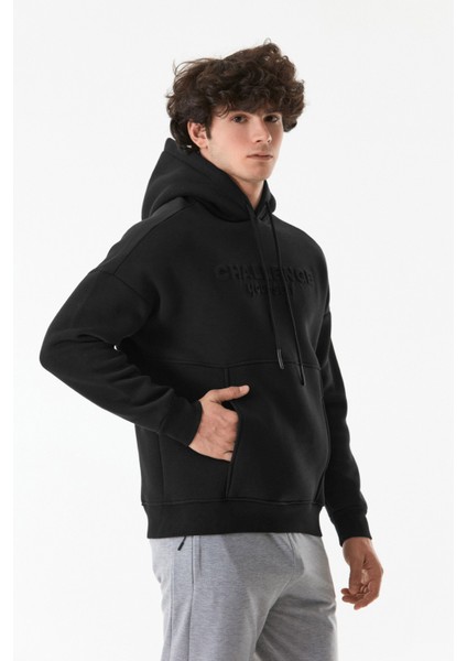 Kabartma Baskılı Kapüşonlu Kanguru Cepli Sweatshirt