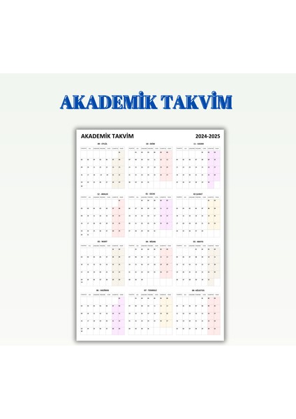 2024-2025 Akademik Takvim Eğitim Yılı Takvimi Duvar Takvimi 50 x 35 cm