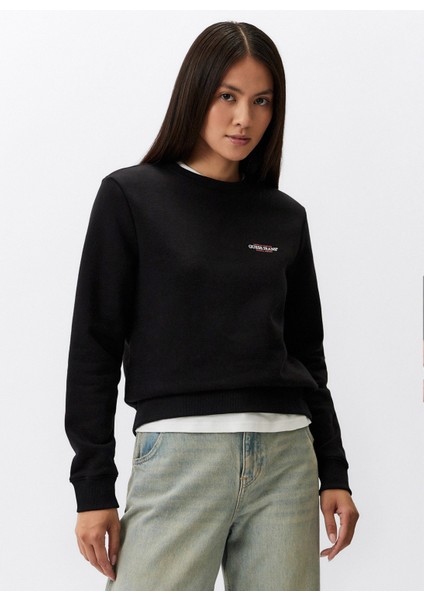 Jeans Bisiklet Yaka Desenli Siyah Kadın Sweatshırt Gj Cn Reg Mını Amerı - Organıc Co/p