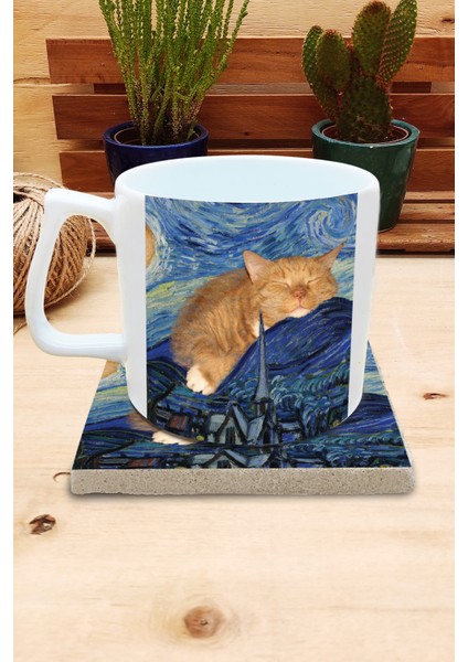 Kediler ve Sanat/van Gogh Set 10 - Yıldızlı Gece(Starry Night) Yelken Fincan Kupa-Taş Bardak Altlığı 9