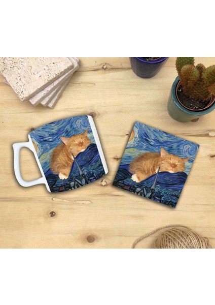 Kediler ve Sanat/van Gogh Set 10 - Yıldızlı Gece(Starry Night) Yelken Fincan Kupa-Taş Bardak Altlığı 9