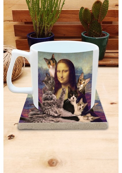 Kediler ve Sanat/leonardo Da Vinci Mona Lisa Set 10 -Yelken Fincan Kupa-Taş Bardak Altlığı 2