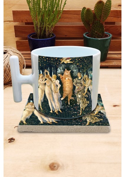 Kediler ve Sanat/sandro Boticelli Primavera Set 9 - T Kulplu Fincan Kupa-Taş Bardak Altlığı 2
