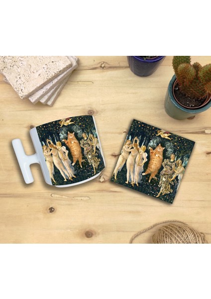Kediler ve Sanat/sandro Boticelli Primavera Set 9 - T Kulplu Fincan Kupa-Taş Bardak Altlığı 2 fiyatları