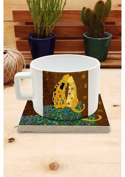 Kediler ve Sanat/gustav Klimt The Kiss Set 4 - Fincan Kupataş Bardak Altlığı 2