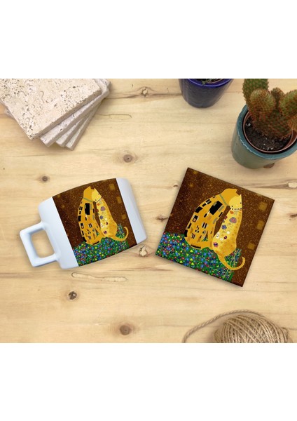 Kediler ve Sanat/gustav Klimt The Kiss Set 4 - Fincan Kupataş Bardak Altlığı 2 fiyatları