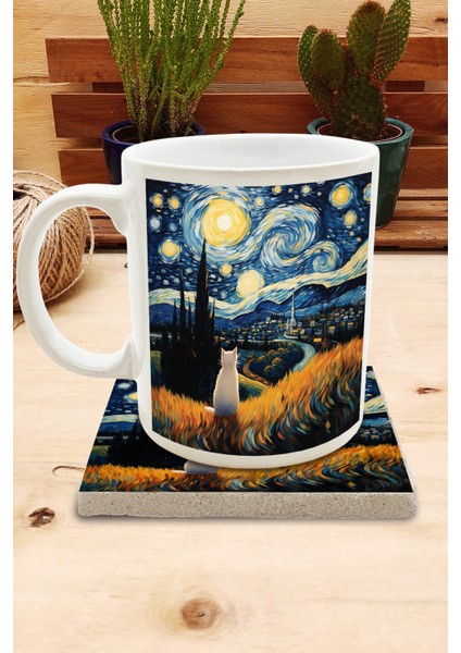 Kediler ve Sanat/van Gogh Yıldızlı Gece The Starry Night Set 8 - Standart Kupa-Taş Bardak Altlığı 2