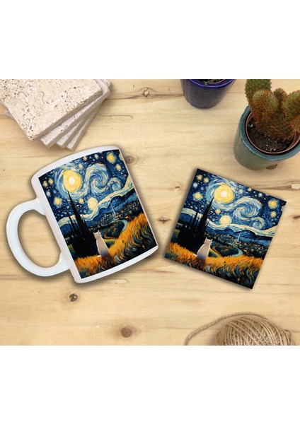 Kediler ve Sanat/van Gogh Yıldızlı Gece The Starry Night Set 8 - Standart Kupa-Taş Bardak Altlığı 2