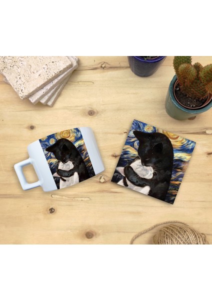Kediler ve Sanat/van Gogh Yıldızlı Gece The Starry Night Set 4 - Fincan Kupa-Taş Bardak Altlığı 4