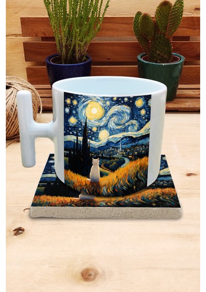 Kediler ve Sanat/van Gogh Yıldızlı Gece The Starry Night Set 9 - T Kulplu Fincan Kupa-Taş Bardak Altlığı 2