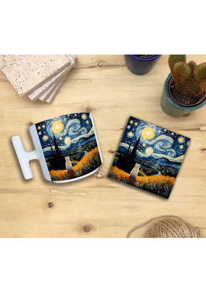 Kediler ve Sanat/van Gogh Yıldızlı Gece The Starry Night Set 9 - T Kulplu Fincan Kupa-Taş Bardak Altlığı 2