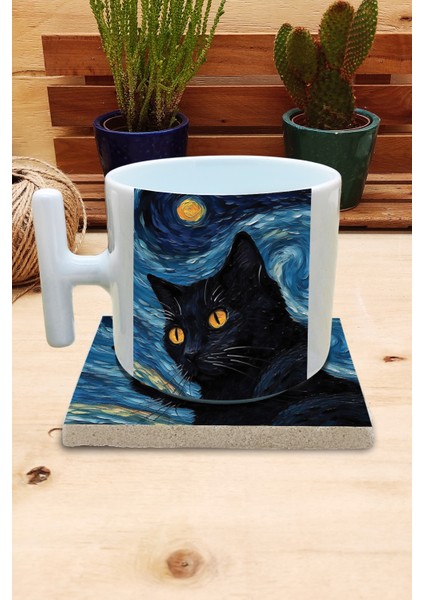 Kediler ve Sanat/van Gogh Yıldızlı Gece The Starry Night Set 9 - T Kulplu Fincan Kupa-Taş Bardak Altlığı 6
