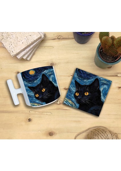Kediler ve Sanat/van Gogh Yıldızlı Gece The Starry Night Set 9 - T Kulplu Fincan Kupa-Taş Bardak Altlığı 6