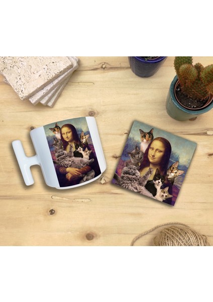 Kediler ve Sanat/leonardo Da Vinci Mona Lisa Set 9 -T Kulplu Fincan Kupa-Taş Bardak Altlığı 2 fiyatları