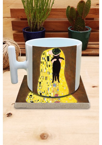 Kediler ve Sanat/gustav Klimt The Kiss Set 9 - T Kulplu Fincan Kupa-Taş Bardak Altlığı 5