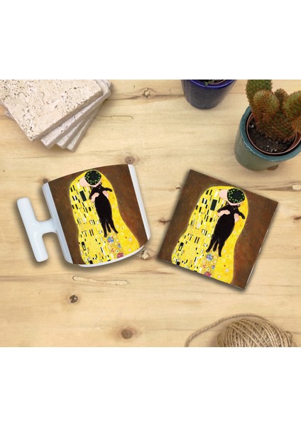 Kediler ve Sanat/gustav Klimt The Kiss Set 9 - T Kulplu Fincan Kupa-Taş Bardak Altlığı 5 fiyatları