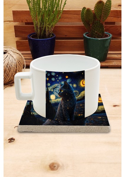Kediler ve Sanat/van Gogh Yıldızlı Gece The Starry Night Set 4 - Fincan Kupa-Taş Bardak Altlığı 8