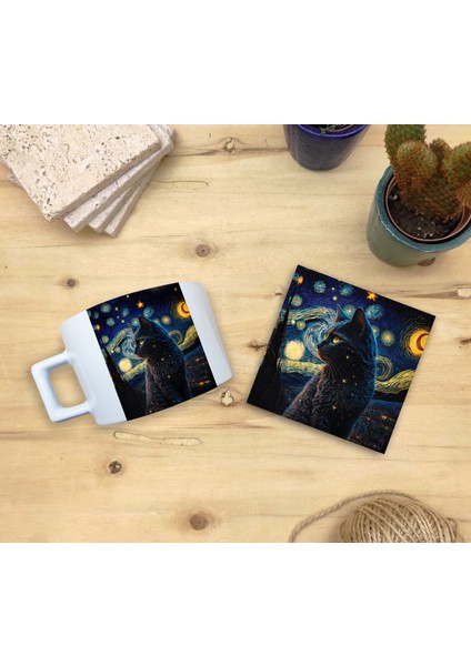 Kediler ve Sanat/van Gogh Yıldızlı Gece The Starry Night Set 4 - Fincan Kupa-Taş Bardak Altlığı 8