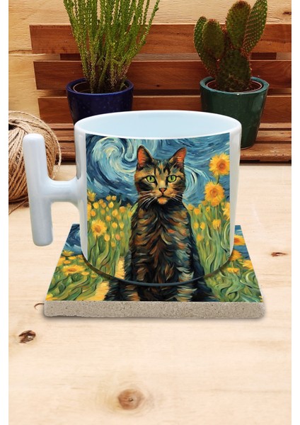 Kediler ve Sanat/van Gogh Set 9 - T Kulplu Fincan Kupa-Taş Bardak Altlığı 3