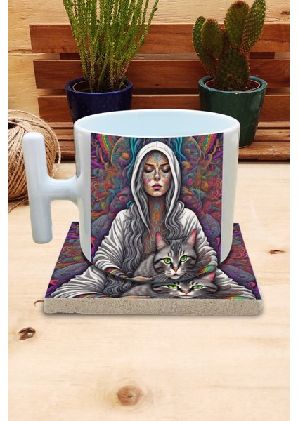 Kediler Illüstrasyon Set 9 - T Kulplu Fincan Kupa-Taş Bardak Altlığı 3