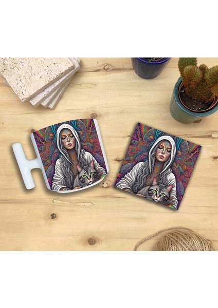 Kediler Illüstrasyon Set 9 - T Kulplu Fincan Kupa-Taş Bardak Altlığı 3 fiyatları