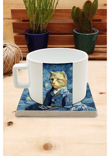 Kediler ve Sanat/van Gogh Yıldızlı Gece The Starry Night Set 4 - Fincan Kupa-Taş Bardak Altlığı 5