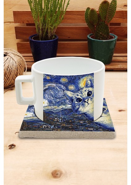 Kediler ve Sanat/van Gogh Yıldızlı Gece The Starry Night Set 4 - Fincan Kupa-Taş Bardak Altlığı 7