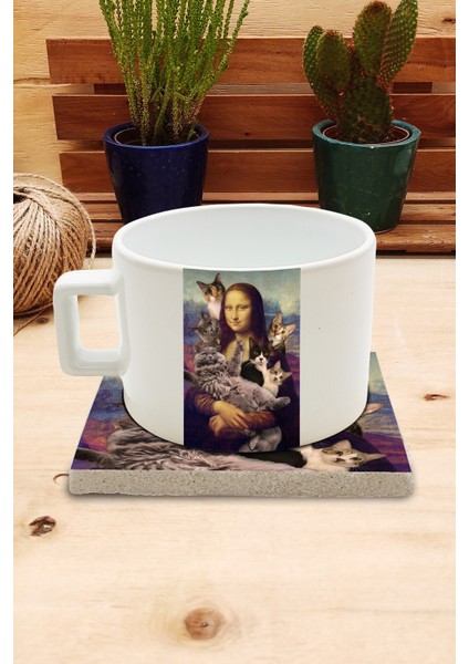 Kediler ve Sanat/leonardo Da Vinci Mona Lisa Set 4 -Fincan Kupa-Taş Bardak Altlığı 2