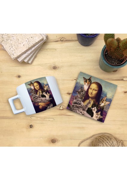 Kediler ve Sanat/leonardo Da Vinci Mona Lisa Set 4 -Fincan Kupa-Taş Bardak Altlığı 2