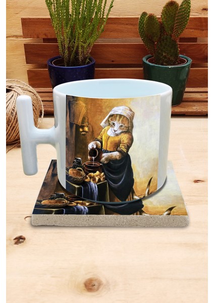 Kediler ve Sanat/johannes Vermeer The Milkmaid Set 9 - T Kulplu Fincan Kupa-Taş Bardak Altlığı 1