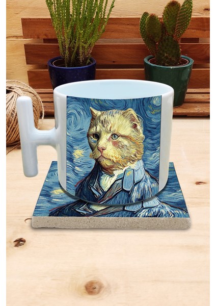 Kediler ve Sanat/van Gogh Yıldızlı Gece The Starry Night Set 9 - T Kulplu Fincan Kupa-Taş Bardak Altlığı 5