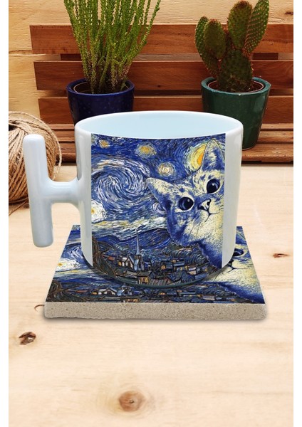 Kediler ve Sanat/van Gogh Yıldızlı Gece The Starry Night Set 9 - T Kulplu Fincan Kupa-Taş Bardak Altlığı 7