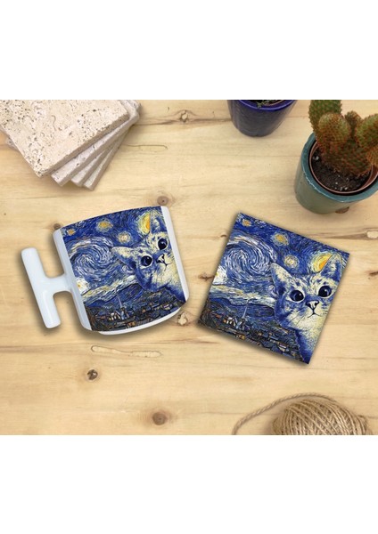 Kediler ve Sanat/van Gogh Yıldızlı Gece The Starry Night Set 9 - T Kulplu Fincan Kupa-Taş Bardak Altlığı 7